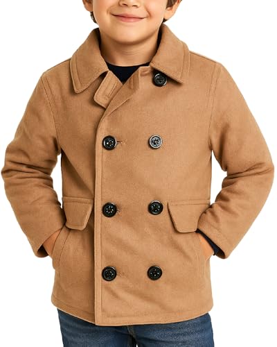 Image of URBAN REPUBLIC Boys Peacoats - Double Breasted Wool Blend Dress Coat with Faux Fur Lining & Flap Pockets (4-20), Size 10-12, Camel
