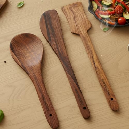 Frenchware (Pack of 3) 100% Pure Sheesham Wooden Spatula, Spoon Spatula, Turner/Palta for Cooking Dosa, Chapati, Rice, Kitchen Tools with Non-Toxic Polish, Heat Resistant, Non-Stick