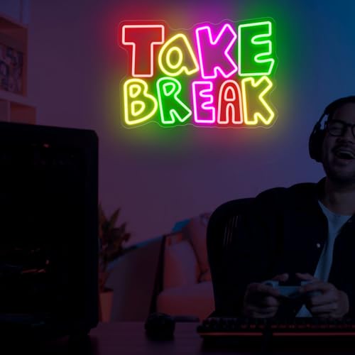 Image of Take Break Neon Sign, Letter Neon Light for Wall Decor, 15.31 inch x 10.62 inch LED Light for Gaming Room Man Cave Bedroom Window Party Bar Cafe Seating Area