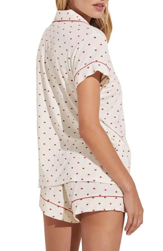 Image of Seyurigaoka Womens Heart Print Pajamas Shorts Set Short Sleeve Sleepwear Loungewear Button-Down 2 Piece Pjs Set