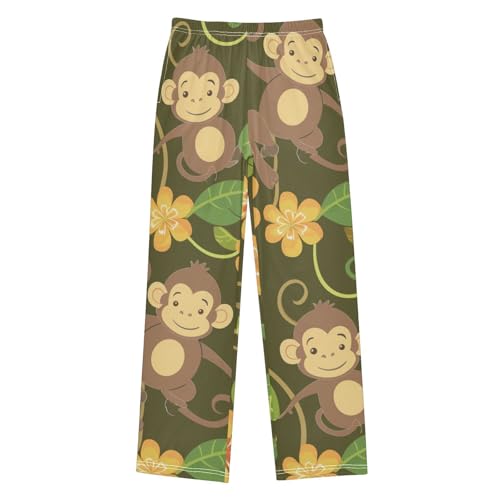 Cartoon Monkey Floral Boys Long Pants Soft Trousers Elastic Waist Kids Lounge Bottoms with Pockets S-XL