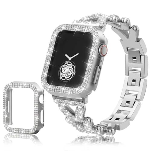 Image of Rhinestones Encrusted Metal Bracelet and Case, Compatible with Apple Watch Bands 38mm-49mm (Series 11 /1 /SE /Ultra 2)- Bling Gold Women's Jewelry Strap, Luxury iWatch Bracelet with Screen Protector