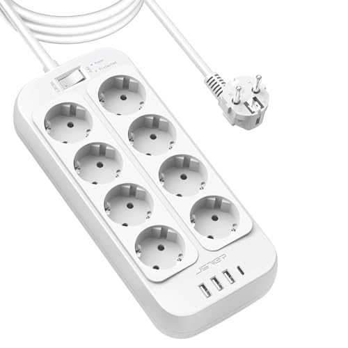JSVER Multiprise Parasurtenseur,Bloc Multiprise 8 Prises avec 4 Ports USB Chargeur (3 USB A+1 USB C) Prise Multi Parasurtenseur Parafoudre et Surtension avec...