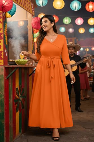 Image of Runwind Plus Size Dress for Women - 3 /4 Sleeve V Neck Maxi Dresses for Women (XL-6XL)