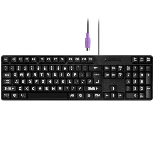 M MC Saite MCSaite Wired PS2 104 Keys Computer Keyboard - Big Print Letters - QWERTY Full Size Keyboard - Black