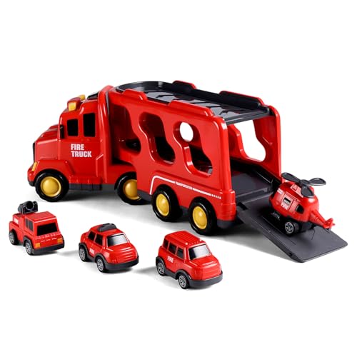 Image of Play Nation 5-in-1 Friction-Powered Truck Toy Set with Light&Sound-Educational Transport Carrier Vehicle for Kids 3 Years+,Emergency Rescue Toy for Girls&Boys,Birthday Gift (Fire,Red)