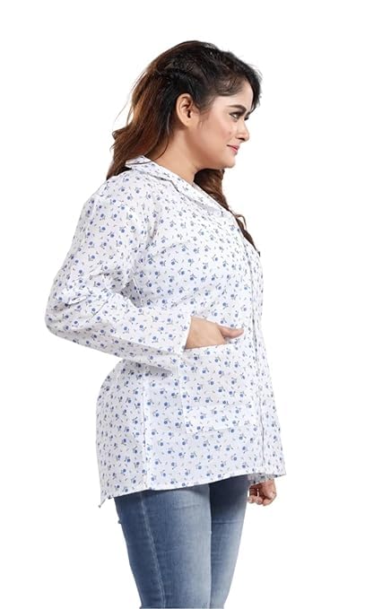 abrav Women's Floral Print Cotton Summer Coat/Sun Coat, Long Sleeve, White Pattern With Two Front Side Pocket's, Plus Size-picture-29