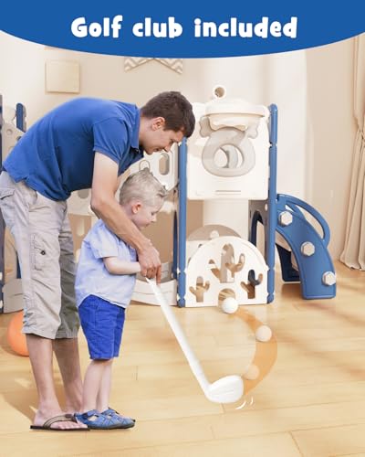 Image of XJD 12-in-1 Toddler Slide and Swing Set, Kids Slide for Toddlers Age 1+, Toddler Outdoor Playset New Upgrade with Golf Set, Basketball Hoop, Drawing Board for Playground (Blue)