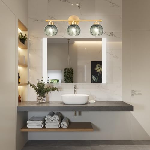 Image of Modern 3 Lights Wall Sconce Lighting, Vintage Bathroom Light Fixtures Gold Vanity Light, Farmhouse Green Glass Wall Lamp, Porch Wall Mount Light for Mirror Living Room Bedroom