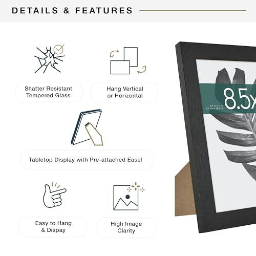 MCS Studio Gallery 8.5x11 Picture Frame Black Woodgrain, Rectangle Photo Frame for Photos, Posters & Art Prints & Easel for Tapletop Display (2-Pack)