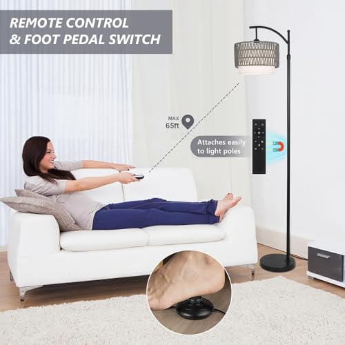 Image of eyassi Floor Lamps for Living Room, Arc Standing Lamp with Remote & Dimmable Bulb, Boho Rattan Floor Lamp for Bedroom with 3 Color Temperatures, Farmhouse Tall Lamp, Height Adjustable Stand up Lamp