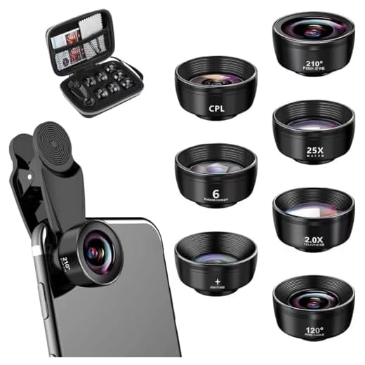 Textiluxe 7 in 1 Lenti Cellulare Fotocamera, macro lens, Fisheye 210°+Grandangolo 120°+obiettivo Macro (25x)+telephoto, Filtro ND32/Star per iPhone e la maggior parte degli smartphone (scuro)