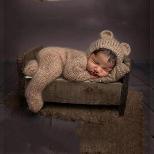 Image of Newborn Photography Props Boys Girls Mohair Bee Stretch Hat Footed Bodysuit | Baby Boy Photoshoot Props Boys,Newborn Picture Outfit,for Boys Girls 0-3 month,Newborn Outfit Photoshoot Hat & Foot Romper