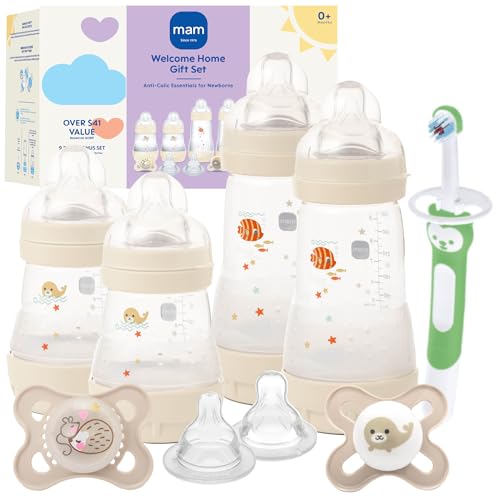 Image of MAM Welcome Home Baby Gift Set – Easy Start Anti-Colic Bottles (2X 5oz, 2X 9oz) & 2 Pacifiers 0-6 Months, Extra Nipples, Training Toothbrush, Self-Sterilizing Complete Baby Feeding Set