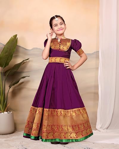 Image of Girls Silk Pattu Gown for Kids Traditional South Indian Long Ethnic Dress | Baby Girl Festival Pavadai Sattai Style Party Wedding Birthday Special Occasion Outfit
