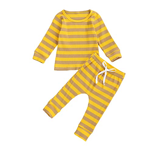 Yassiglia Conjunto de pijama para niña de otoño, de manga larga, a rayas, pantalón con cordón en la cintura elástica, amarillo, 12-18 Meses thumbnail