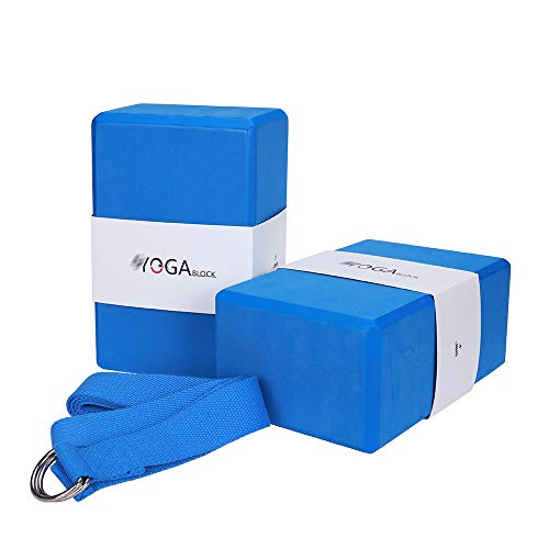 JBM Yoga Block plus Strap with Metal D-Ring Yoga Brick Cork Yoga Block 2 Colors - High Density EVA Foam Yoga Block to Support and Deepen Poses, Lightweight, Odor-Resistant (Blue)