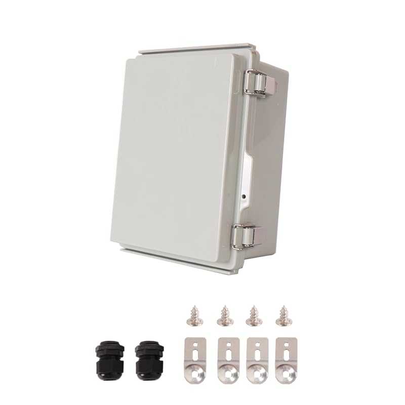 Vangoshell Waterproof Junction Box IP67, ABS Plastic Electrical Enclosure with Hinged Grey Cover, Mounting Plate, Wall Brackets & 2 Cable Glands 210x160x100mm (8.27"x6.30"x3.94") – Outdoor/Indoor Use