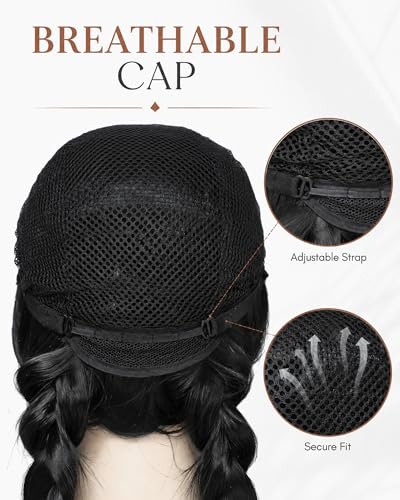 Image of Rose bud Wednesday Cosplay Wig Long Hair Heat Resistant Adjustable Fit 23 Inches Double Braided Black Wigs With Bangs for Halloween Cosplay