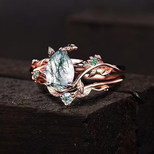 RareCreations Natural Moss Agate Gemstone Genuine 925 Sterling Silver Ring for Women Pear Cut Women's Ring Set for Engagement Silver 925 Jewelry