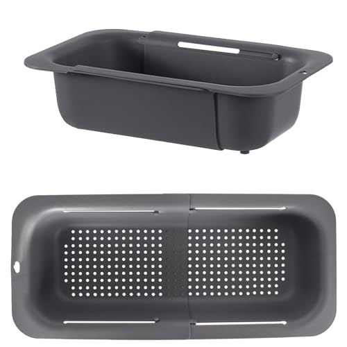 Abtropfsieb Spülbecken, Siebkorb über Spüle, Ausziehbares Sieb 34,5 bis 48 cm, Küchensieb für Waschbecken Dunkelgrau, Seiher Sieb Plastik Nudeln Abtropfen, Gemüse, Obst, Salat Waschen