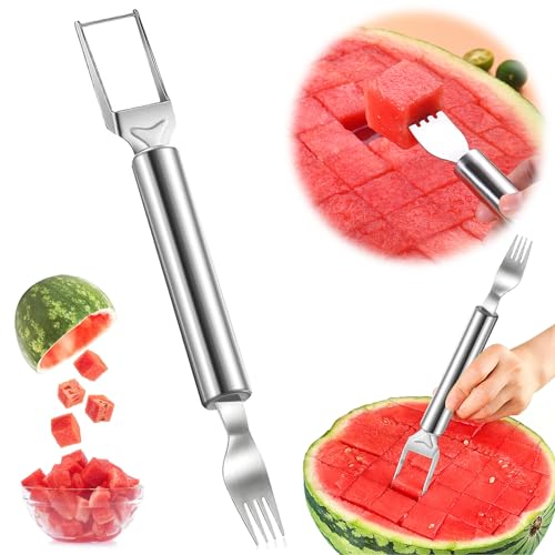 Watermelon Slicer Cutter Fruit Tool - 2-In-1 Stainless Steel Fruit Cutter 2024 New Dual Head Fork Fruit Knife Melon Cube Cutter Watermelon Cuber Cutting Tool Portable Watermelon Cutter Slicer (1 PCS)