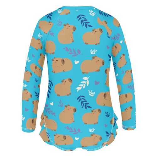 Blue Cute Capybara Girls Long Sleeve Swimsuit Rash Guard One Piece Bathing Suits Zipper 3-12T3