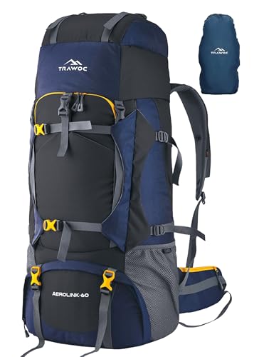 Image of TRAWOC Aerolink 60L Trekking Backpack for Men & Women | Travel Rucksack with Laptop Sleeve, Rain-Cover, Padded Hip Belt & YKK Zippers | Camping Hiking Bag | 3 Year Warranty - Black