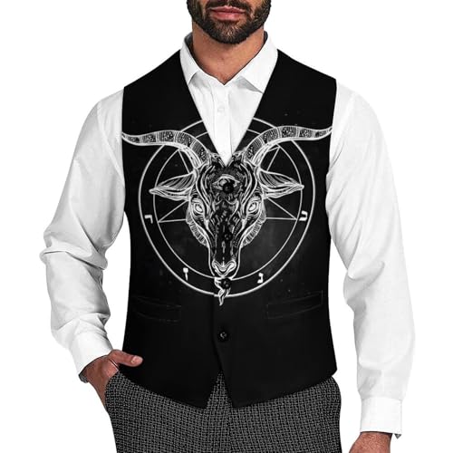 Pentagram with Demon Baphomet Satanic Goat Funny Men's Formal Suit Vest Casual Business Dress Waistcoat Printed Vest Slim Fit