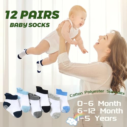 Image of HYCLES Toddler Girl Socks, 12 Pairs Non Slip Ankle Toddler Socks for 1-7 Years Baby Girls Kids