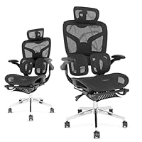 Cadeiras de Escritório Ergonômicas com Suporte Lombar, Encosto e Apoio de Cabeça Ajustávels, Tela Mesh Respirável, com Rodizios Forte, Suporta 150kg – Ideal para Home Office e Jogos（Preto）