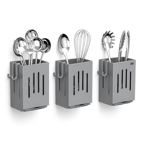 Image of KitchAntiqueWall Mounted 3 Pc Utensil Holder with Hooks | Self Draining Cutlery Organizer, Adhesive Installation | Waterproof Kitchen Spoon Chopstick Storage Rack for Countertop & Wall Use (Grey)