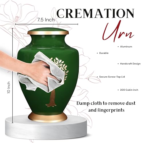 Image of Cremation Urns for Human Ashes Adult - Handcrafted Metal Funeral Urn with Tree Engraving & Velvet Carry Bag, Secure Screw Lid Memorial Burial Urn 11 Inches Height x 7 Inches Width (Green & Gold)