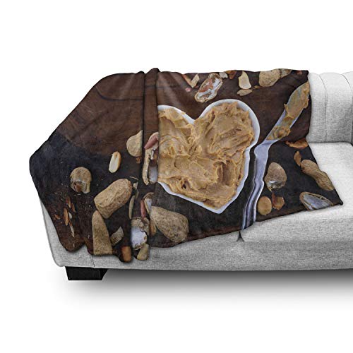 Ambesonne Peanut Butter Throw Blanket, Crunchy Peanut Butter In White Heart Shape Dish On Vintage Table, Flannel Fleece Accent Piece Soft Couch Cover For Adults, 50" X 70", Brown Pale Brown Grey #TOP2