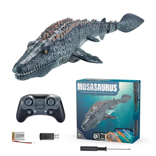 Mosasaurio de Juguete Acuático - Dinosaurio Interactivo con Control Remoto, Divertido Juguete para Jugar en el Agua | Mosasaurio Eléctrico con Luces, Cola que se Mueve y Efecto de Rociado para Piscina