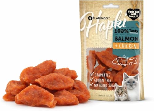 snack per gatti - Hapki snack di pesce con salmone e pollo - 50 g - senza glutine - senza cereali - senza zuccheri aggiunti (Confezione da 5)