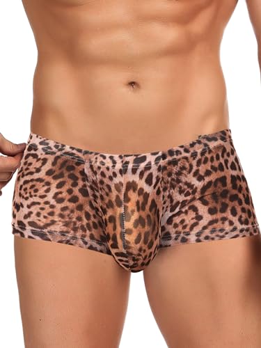 ohyeahlady Leopard Print Underwear for Men Sexy Breathable Boxer Briefs Low Rise Silky Trunks Boxer Underpants Stretch