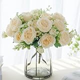 ASTRYAS Peonies Artificial Flowers, 3Pcs Fake Peony Silk Flowers Faux Beige Rose Flowers Arrangement