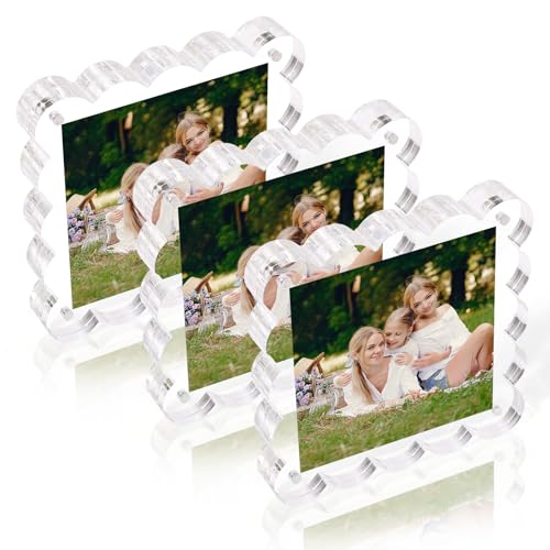 LHGGCM Acrylic Photo Frame 4x4inch - 3Pack Magnetic Picture Frames with 10+10mm Thick Block, Scalloped Edge Design, Double-Sided Magnet Frames for Modern Desktop Display (Clear, 4x4) by LHGGCM - Used condition - US$13.32