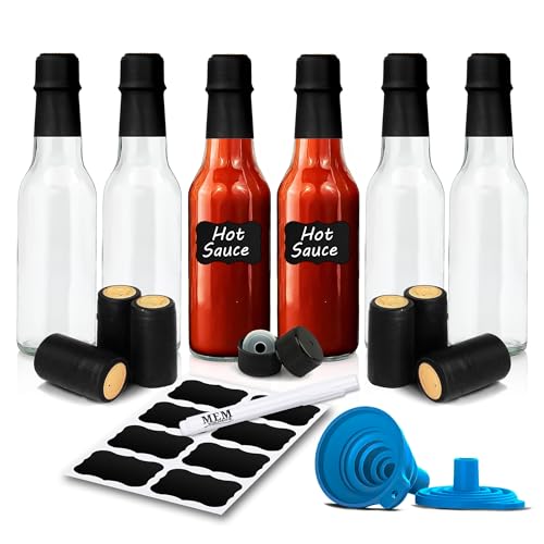 Clear Glass Hot Sauce Bottle (woozy) with Black Cap and Orifice Reducer 5 oz - (6 Pack) - Empty Wine Bottles with Shrink Capsules Bands, Labels, Silicone Collapsible Funnel and Chalk Marker Included