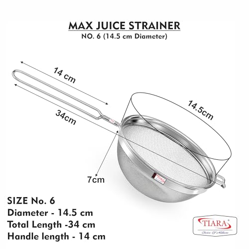 Image of TIARA - MAX Juice Strainer No 6 Diameter 14.5 cm Soup Strainer Steel Liquid Filter Food Grade Mesh, Sieve for Kitchen, channi,Rice Strainer, Fruit Strainer (34L x 14.5W x 7H cm, Silver)