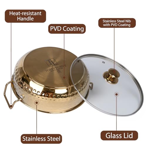 Image of Zaib TOPSYTUVRY Stainless Steel Hammered Gold PVD Coated Kadhai with Glass Lid 24 CM | Heavy Gauge Kadai for Cooking, Frying & Deep Frying