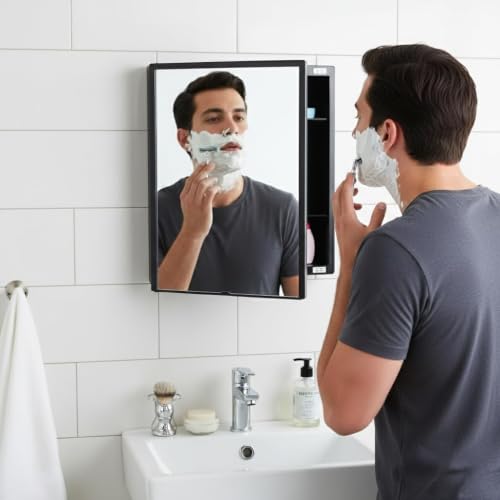 Image of CIPLA PLAST Plastic New Rich Look Bathroom Organizer Cabinet | Mirror with Shelf | 4 Shelves Storage Organizer | Wall Mounted Cabinet | for Home /Kitchen /Toilet (Brc-931) (Black)