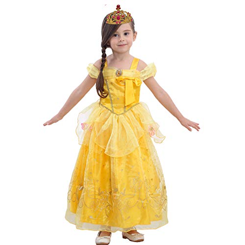 liuimiy niña Princesa Vestido con Diadem - partido Halloween karnevals Disfraz Cosplay Navidad Regalo Amarillo, 3-4 years (label size 110 cm)