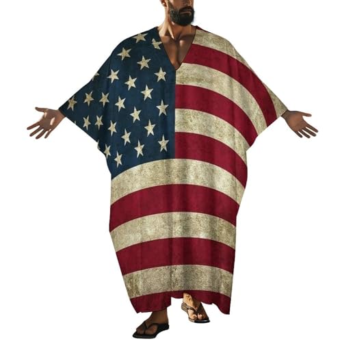 American Flag USA Pattern Men's V-neck Robe Middle East Arabian Robe Butterfly Sleeves Kaftan