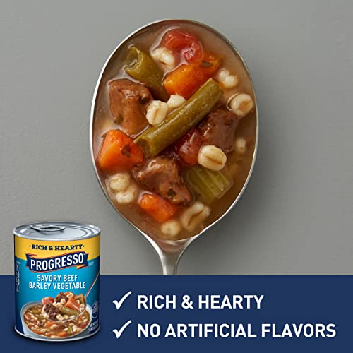 Image of Progresso Rich & Hearty Savory Beef Barley Vegetable Canned Soup, 18.6 oz | Seasoned beef, Barley, Carrots, Tomatoes & green beans in beef broth, No artificial flavors