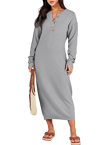 Image of ANRABESS Women Long Sleeve Button V Neck Oversized Casual Loose Fit Waffle Knit Fall Midi Sweater Dress 2026 Trendy Outfits