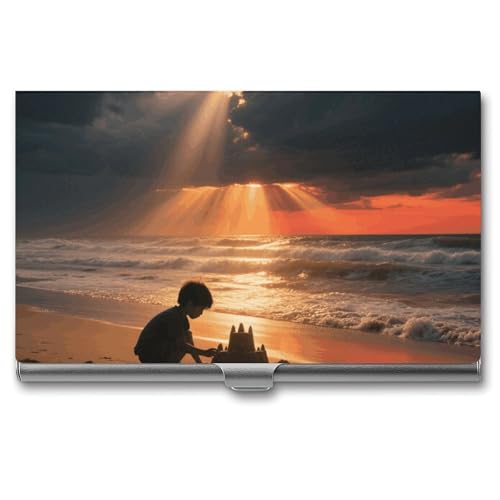 Business Card Holder Metal Slim Business Card Case Sea Sunset Professional Cards Organizer Pocket Name Cards Case Credit Holder Wallet for Men Women Buckle Style Shut