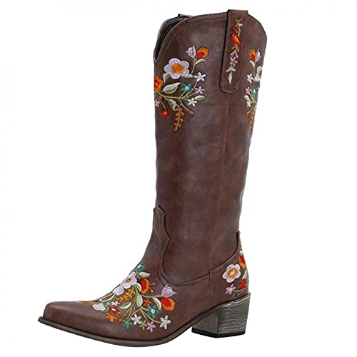 Hbeylia Cowboy Boots For Women Vintage Ethnic Western Cowgirls Boots Flower Embroidered Pointed Toe Chunky Heels Mid Calf Knight Riding Boots Boho Retro Winter Fall Dress Tall Boots For Ladies2