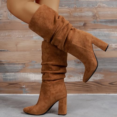 Brown Slouchy Boots for Women - Mid Calf Fall Boots 2024 with Chunky High Heels - Casual Women's Fashion3